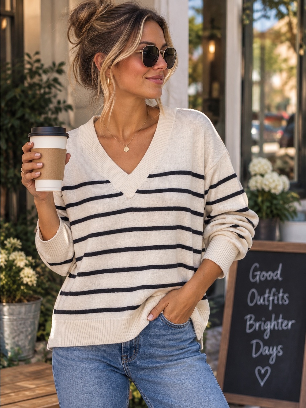 LOFT Striped V-Neck Sweater – Size Small – Ivory & Navy